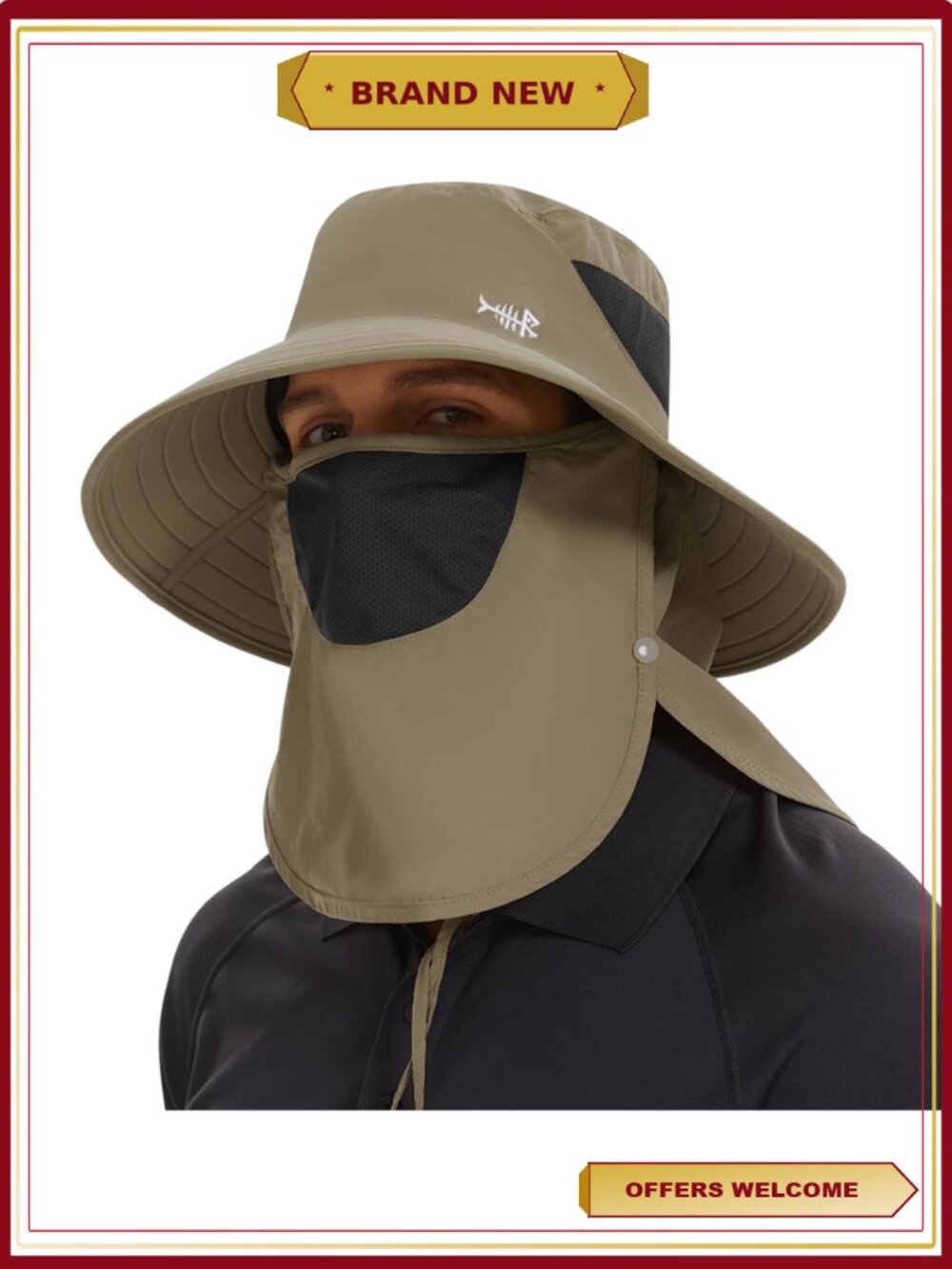 UPF 50+ Breathable Sun Hat Removable Face Cover Neck Flap Wide Brim Bucket Hat